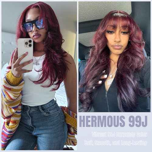 13A Double Drawn Dark Burgundy 99J Bundles Human Hair Body Wave with 2x6 Lace Closure deep part, 100% Raw Hair Wavy Extension Colored Cherry Red #99J 3 Bundles with 2 by 6 Closure 12 14 16+12