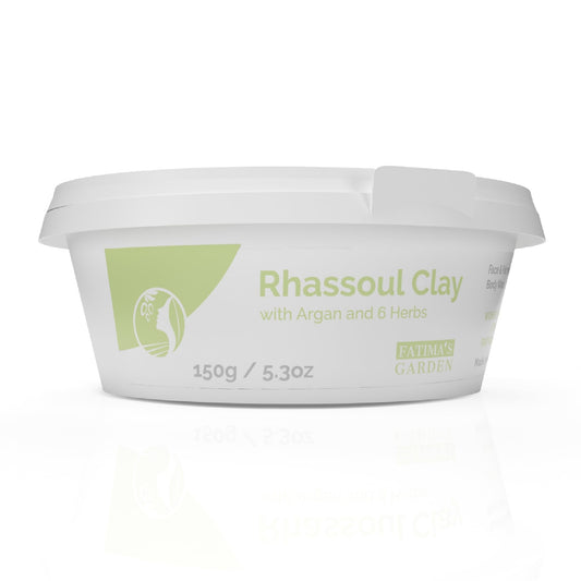 Fatima's Garden Rhassoul Clay, 100% Natural Moroccan Ghassoul Clay Powder for Face, Hair & Hammam; enriched with Argan and 6 herbs, cleansing & softening & purifying for hamam - 5.30oz/150gr