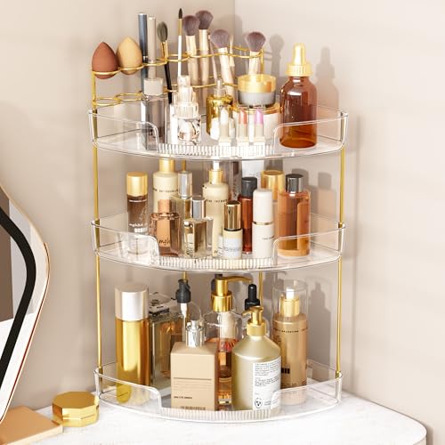 FELIZHOUSE 3-Tier Makeup Organizer for Vanity & Bathroom Countertop ? Acrylic Storage Shelf with Perfume Tray & Makeup Brush Holder, Tool-Free Installation, Design for Bathroom & Dresser - Clear
