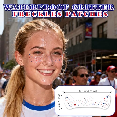 4th of July Red White Blue Glitter Face Tattoos, 8 PC