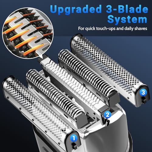 Electric Foil Shavers for Men: Mini Electric Razor with 3 Floating Blades, LED Display, Dual Speed - IPX7 Waterproof Wet/Dry Cordless Razor, USB Fast Charging, Travel Lock (Gray)