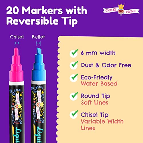 CHALKY CROWN Bold Chalk Markers - Dry Erase Marker Pens - Liquid Chalk Markers for Chalkboards, Signs, Windows, Blackboard, Glass - Reversible Tip (20 Pack) - (Multicolored, 6mm)