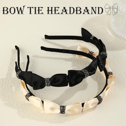 Kasmena 2Pcs Bow Headbands for Women Rhinestone Bow Headband for Girls Bow Hairband Non Slip Satin Headbands for Thick Thin Hair Accessories,Black White