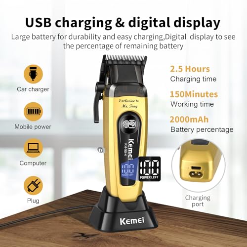 KEMEI Hair Clipper for Men 11500RPM Cordless with LED Display & USB-C Fast Charging, Professional Rechargeable Barber Clippers for Men, Barber/Home Adjustable Blade Hair Cutting Tools KM-90-4
