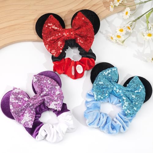 6 Pack Mouse Ear Sequin Scrunchies with Velvet Bows