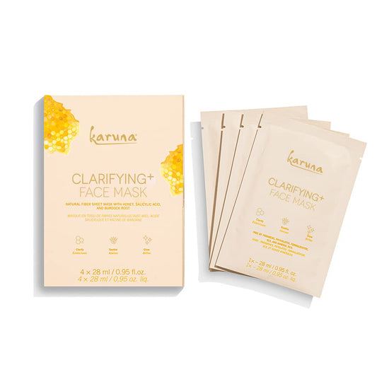 Karuna Skin - Clarifying+ Sheet Masks for Clear Skin, Moisturizing & Hydrating Face Masks Skincare, Sheet Mask with Honey, Salicylic Acid & Burdock Root, 4 Face Mask Sheets per Pack