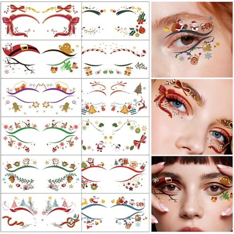 24 Sheets Christmas Face Temporary Tattoo, Upper & Lower Lash Realistic Designs Waterproof Christmas Fake Tattoos for Men & Women Cosplay Party & Festive Looks & Stage Face Makeup Decoration
