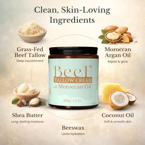 Beef Tallow Cream with Moroccan Oil 100g (3.5 oz) | Whipped Beef Tallow for Skin, Face & Body | Deep Hydration Moisturizer with Shea Butter, Coconut Oil & Beeswax ? For Dry, Sensitive & Irritated Skin
