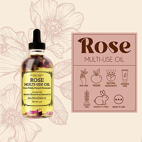 Multi-Use Oil for Face, Body and Hair - Organic Blend of Apricot, Vitamin E and Sweet Almond Oil Moisturizer for Dry Skin, Scalp and Nails - Rose Petals, and Bergamot Essential Oil - 4 Fl Oz