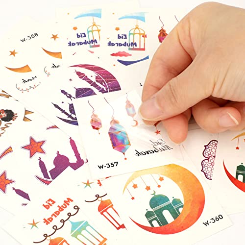 HOWAF 30pcs Eid Mubarak Party Favors Temporary Tattoos, Ramadan Kareem Themed Face Tattoos for Kids with Star Moon Castle Patterns for Eid Party Decorations, Ramadan Mubarak Fake Tattoos