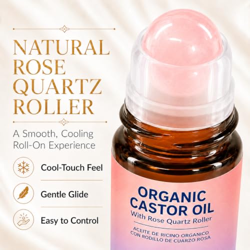 Castor Oil Roll-On with Rose Quartz Roller - 100% Pure Cold-Pressed 1.7 Fl Oz