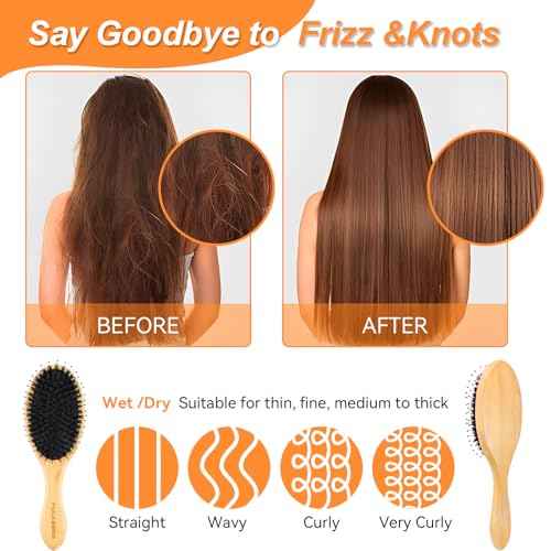 Boar Bristle Hair Brush 2PCS - Smoothes & Detangles All Hair Types, Boar & Nylon Bristle£¬Smooths Frizz and Prevents Breakage in Fine and Straight, for Women Men and Kids