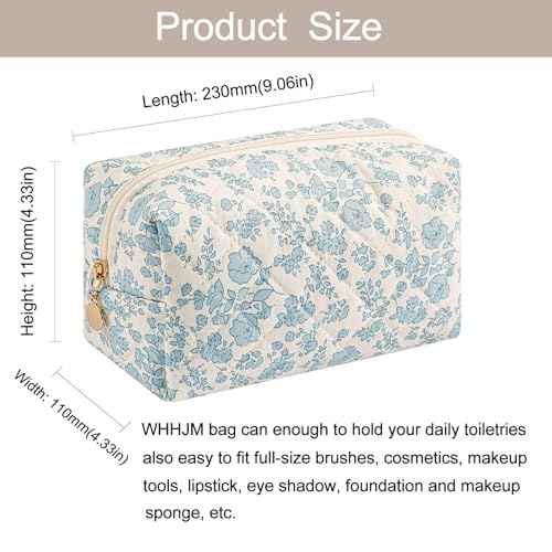 Cute Floral Makeup Bag Small Cotton Quilted Cosmetic Bag, Aesthetic Essential Bag Emergency Bag Gift for Women Girls Travel Accessories (Blue Floral)
