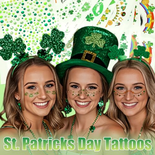 St. Patrick's Day Face Tattoo Stickers with Green Rhinestones