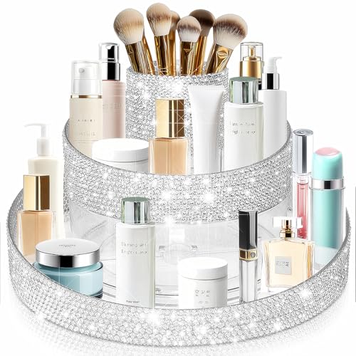 Yivaiks Bling 360 Rotating Makeup Organizer,Shiny Lazy Susan Cosmetic Storage Turntable for Skincare,Perfume & Lipstick,Glitter Round Spinning Tray with Brush Holder for Vanity,Bathroom (10"L x 10"W)