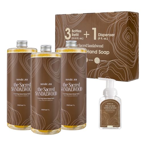 ROMIIE ZOI Foaming Hand Soap Refill Gift Set-3 Pack with Dispenser, Cruelty-Free and Biodegradable Formula, Moisturizing with Essential Oil for Sensitive Skin,Sandalwood Scent,(33.8 Fl Oz x 3)