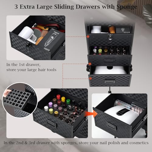 Rolling Makeup Case with 3 Drawers & Foot Stand for Artists