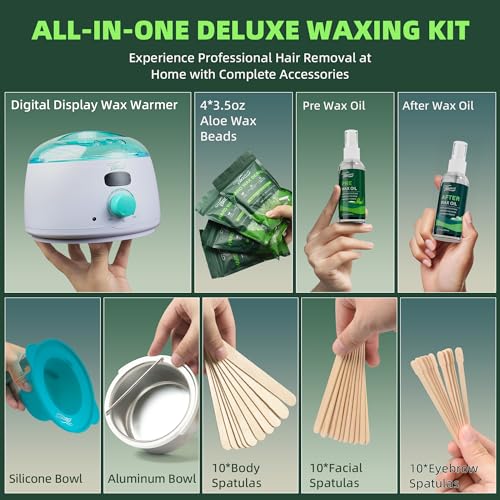 Waxing Kit for Women Men - Premium Digital Wax Melt Warmer Kit for Sensitive Skin Coarse Hair Removal - 14oz Hard Wax Beads & Silicone Liner - for Bikini Brazilian Body Face Leg - Home Wax Kit