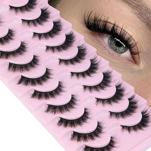 False Eyelashes Cat-Eye Look Wispy Lashes 15mm 3D Manga Lashes Natural Look D Curl 10 Pairs Pack Faux Mink Lashes
