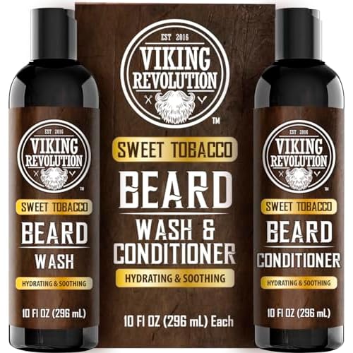 Viking Revolution Beard Wash and Beard Conditioner for Men with Argan Oil and Jojoba Oil - Beard Softener and Strengthener Beard Care Beard Shampoo and Conditioner with Beard Oil (10oz, Sweet Tobacco)
