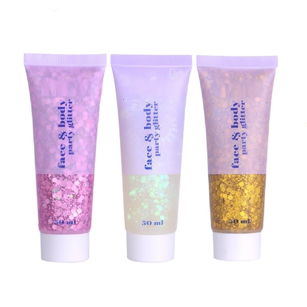 3 Pack Face glitter, Perfect Body Glitter for Concert Outfit Makeup and Party Festival Rave Highlighter Makeup. (02-Gold & 03-Pink & 06-White Moonbeam)