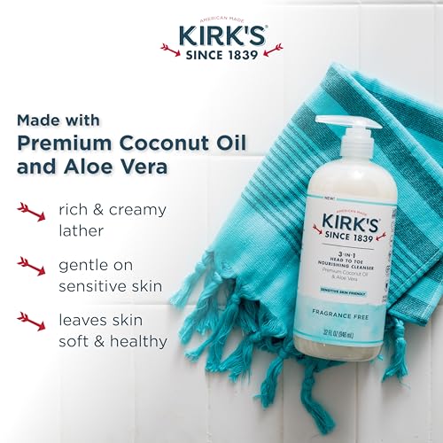 Kirk's 3-in-1 Head to Toe Nourishing Cleanser & Travel Size Bar Soap - for Men, Women & Children, Made with Premium Coconut Oil and Aloe Vera, Non-GMO & Vegan, Fragrance Free, 32 Fl Oz.