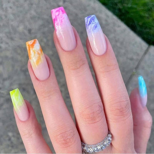 DOUBNINE Press on Nails Square Medium Rainbow French Gradient Colorful Ballerina Acrylic Full Cover False Nails with Jelly Double Sided Adhesive for Women