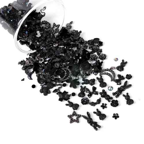 110 Pieces 3D Nail Charms for Acrylic Nails, Camellia Rose Flower Butterfly Bowknot Heart Bear Rabbit Star Charms for Nail Art Designs DIY Accessories Craft(Black+2)