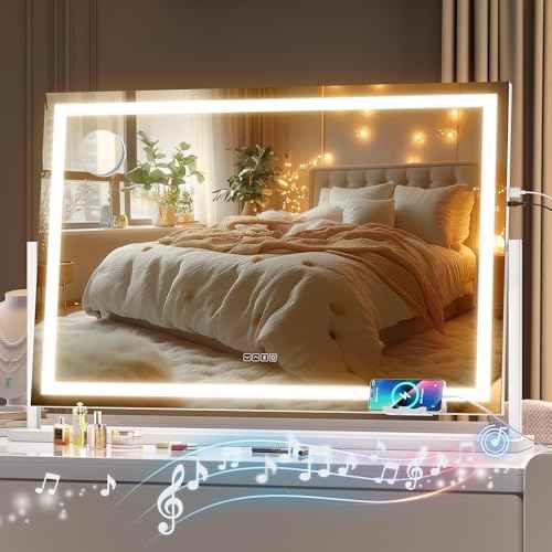 Hasipu Vanity Mirror with Lights and Bluetooth Speaker, 36" x 24" LED Makeup Mirror, Light up Mirror with 10X Magnification and Phone Holder, USB Charging Port, Smart Touch 3 Colors Dimmable (White)