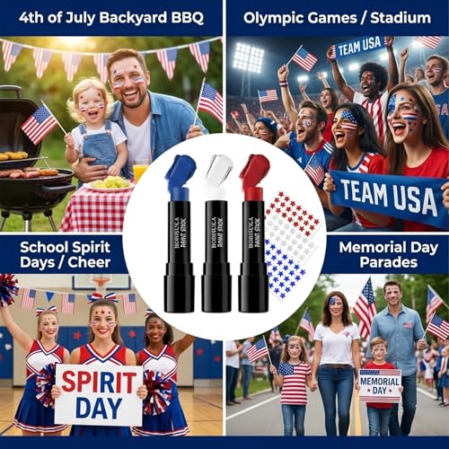 Patriotic Red White Blue Face Paint Stick Set with Glitter Stickers