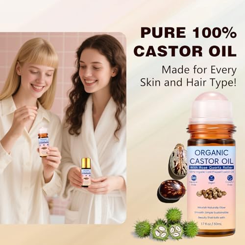 Organic Castor Oil Roll-On with Rose Quartz Roller, 100% Pure
