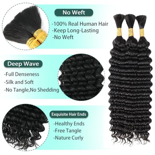 Human Braiding Hair for Boho Braids 16 Inch Deep Wave 3 Bundles