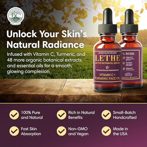 LETHE Vegan Botanical Face Serum ? Vitamin C & 50 Natural Extracts & Essential Oils ? Improves Skin Tone, Firmness & Smoothness ? Natural Skincare for Dark Spots & Uneven Skin Tone ? 1oz
