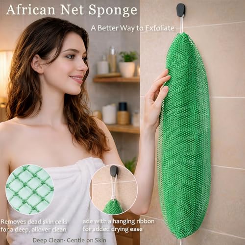 African Net Body Scrubber 3-Pack - Exfoliating Back & Body Sponge for Men Women, Black, Olive Green, Champagne Gold