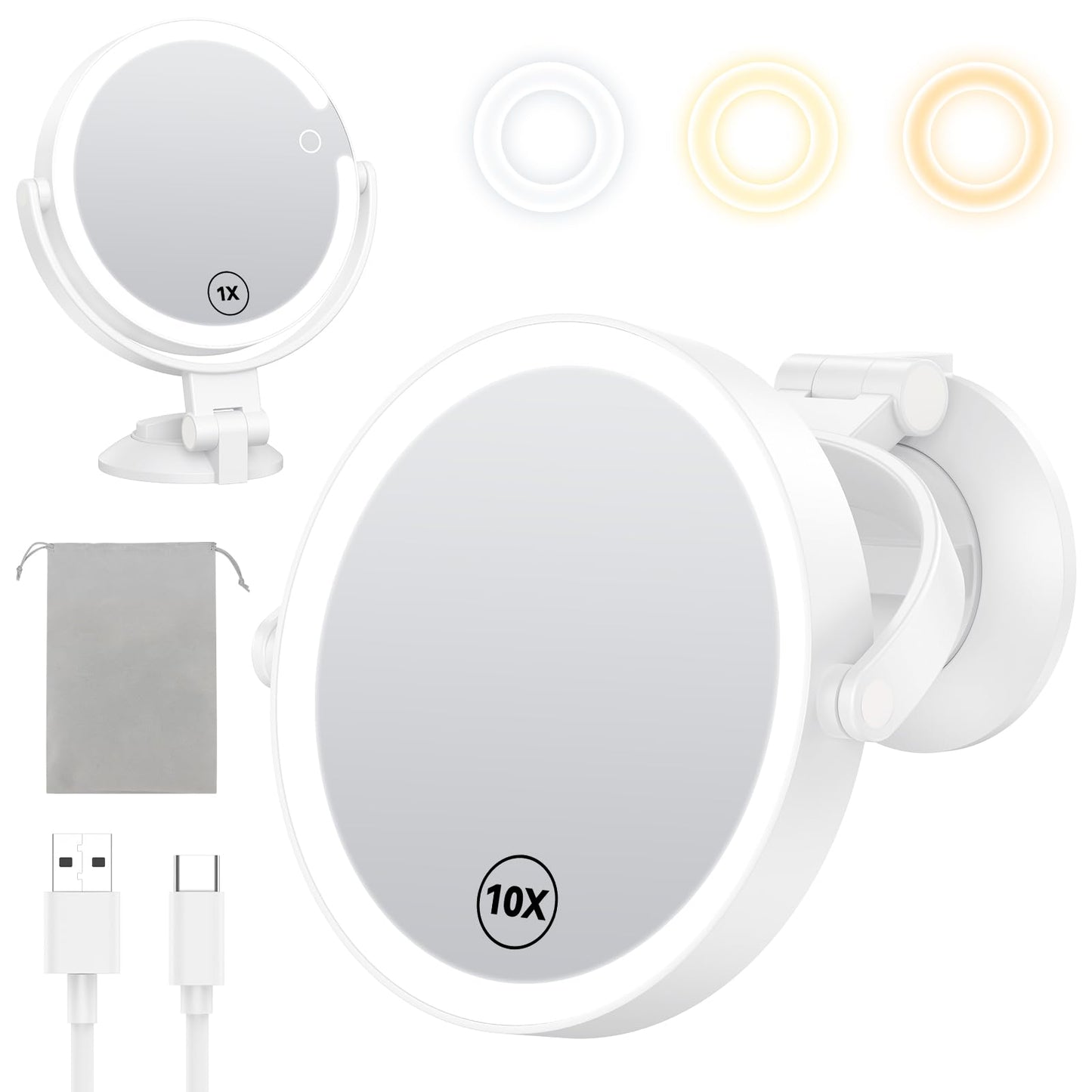 Gospire 7” Wall Mounted Makeup Mirror with Powerful Suction Cup, Double Sided 1X/10X Magnification, 3 Color Lights and Adjustable Brightness, 2000mAh Rechargeable Battery, Shaving for Men - White