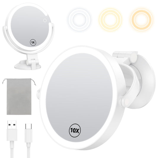 Gospire 7” Wall Mounted Makeup Mirror with Powerful Suction Cup, Double Sided 1X/10X Magnification, 3 Color Lights and Adjustable Brightness, 2000mAh Rechargeable Battery, Shaving for Men - White