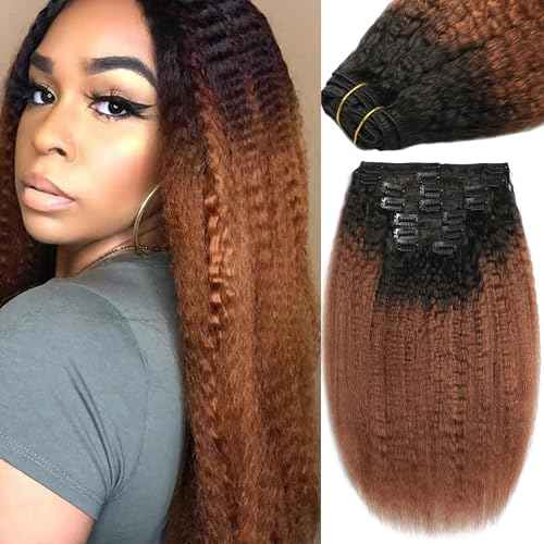 Yaki Straight Clip in Hair Extensions Real Human Hair Ombre Brown 100% Unprocessed Brazilian Virgin Hair Clip Ins Kinky Straight Hair Clip ins for Women 8pcs with 18 Clips 120g Per Set (24 Inch)