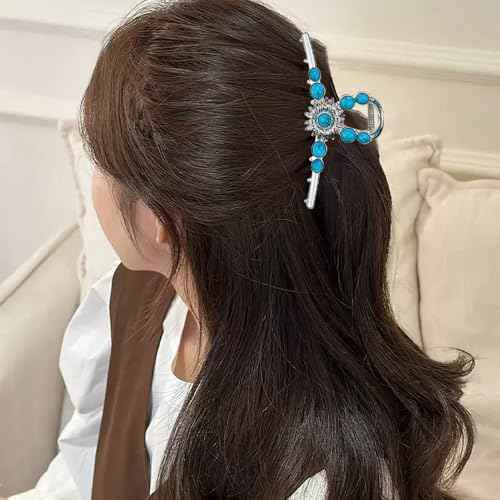 2 PACK Extra Turquoise Blue Stone Sun Hair Claw Clip, Metal Retro Style Hairpin Western Hair Clip, Nonslip Hair Accessories for Thick Hair