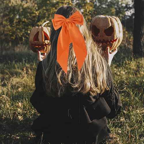 Halloween Fall Orange Hair Bows for Women, 2PCS Silky Satin Hair Bows with Long Tail Oversized French Hair Bow Barrettes Hair Accessories for Halloween Thanksgiving Autumn Holiday