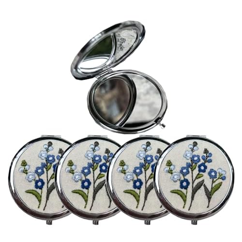 Leimandy 4-Pack Embroidered Compact Mirrors - Double-Sided 1x/2x Magnifying Bridesmaid Pocket Mirror Foldable Makeup Mirror for Wedding Shower | Birthday | Graduation Gifts L2 (Blue ForgetMeNot)
