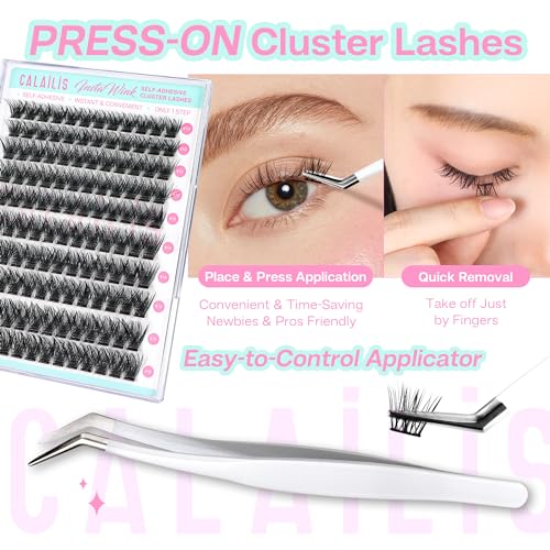 CALAILIS Self Adhesive Eyelashes 120Pcs D Curl Press on DIY CLuster lashes No Glue Needed Wispy Lash Clusters Pre Glued Reusable Glueless Eyelash Clusters Kit with Tweezers for Beginners (56D)