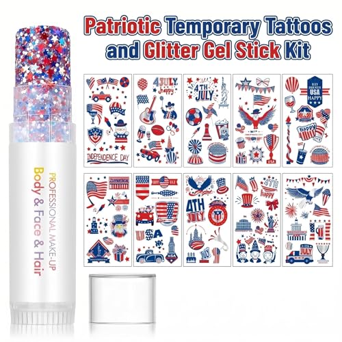 100 Patriotic Temporary Tattoos + Glitter Gel Stick Kit