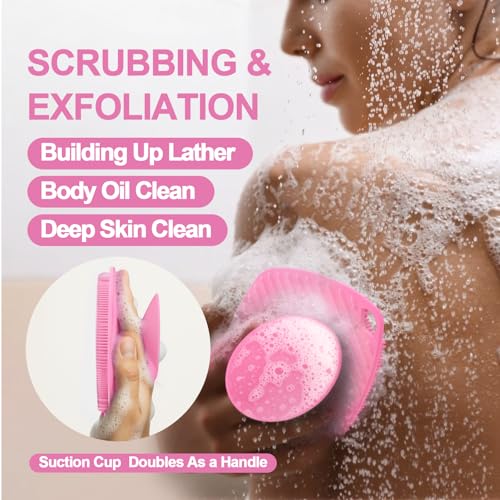 Silicone Body Scrubber, Gentle Texture Exfoliating Body Scrubber for Men and Women On Sensitive Skin, Soft Scrubber Produces Rich Form and Builds Up Lather, Getting a Deep Skin Clean (Pink)