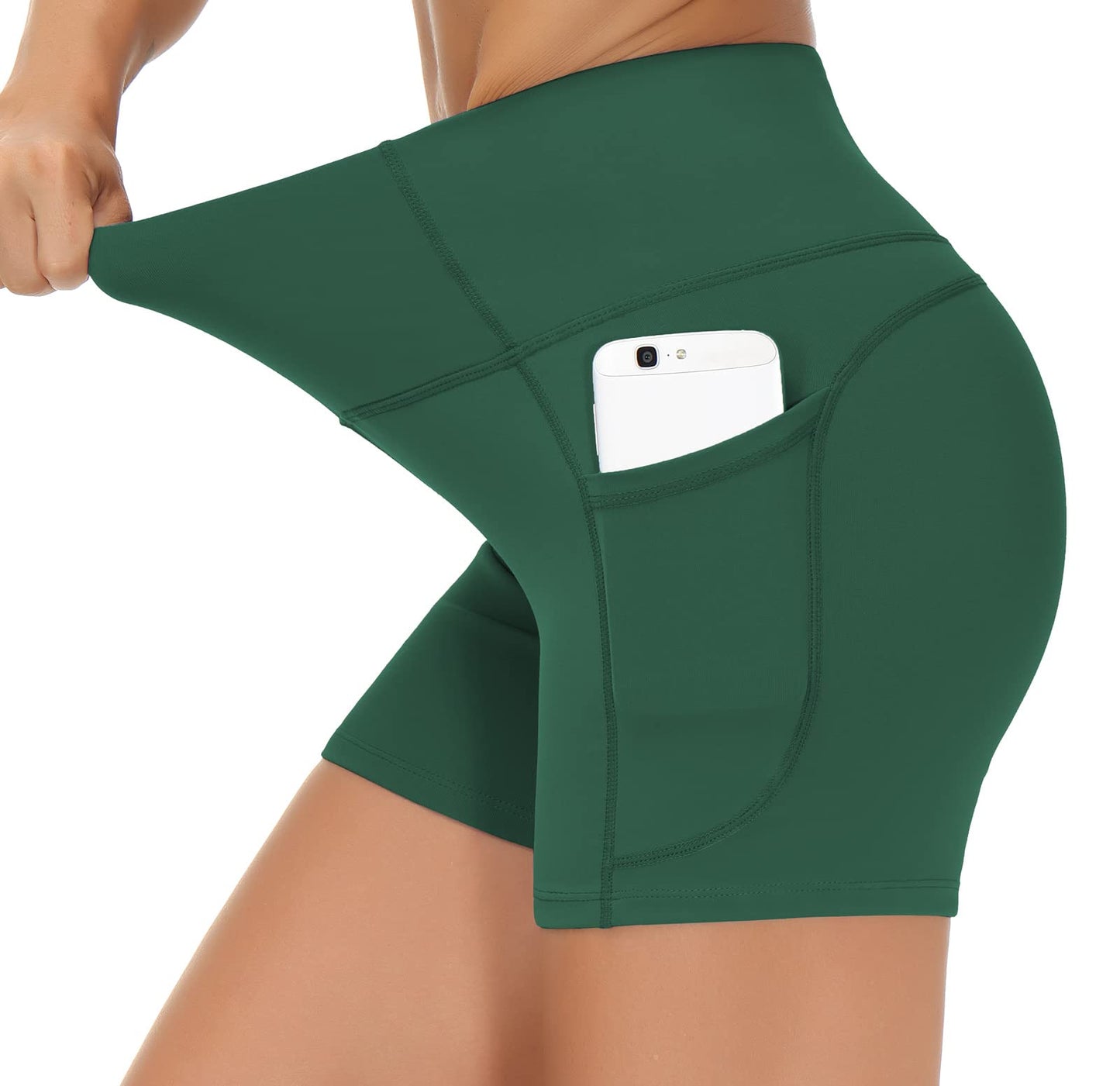 THE GYM PEOPLE High Waist Yoga Shorts for Women's Tummy Control Fitness Athletic Workout Running Shorts with Deep Pockets (Small, Dark Green)