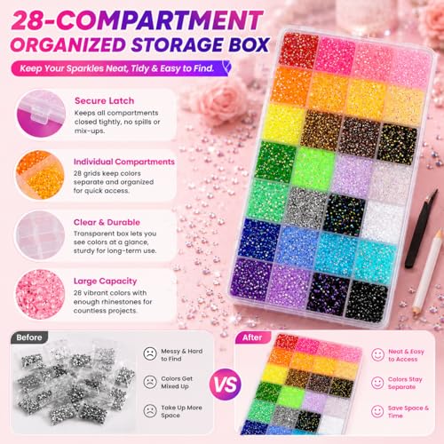 EONFAVE 34000 Pcs Rhinestone Kit, 3mm Flatback Gems, 28 Colors