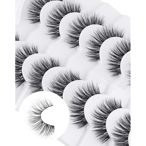 Lashes Wispy False Eyelashes Natural Look Fluffy Mink Lashes Doll Eyelashes Thick Faux Mink Eyelashes C Curl Fake Lashes 14MM 7 Pairs
