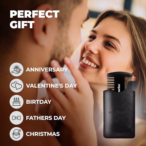 GUARD&MARINE Wooden Beard & Mustache Comb with Fine and Coarse Teeth - Pocket Size - Ideal for Use with Balms and Oils. Stylish and Convenient with a PU Leather Case (black)