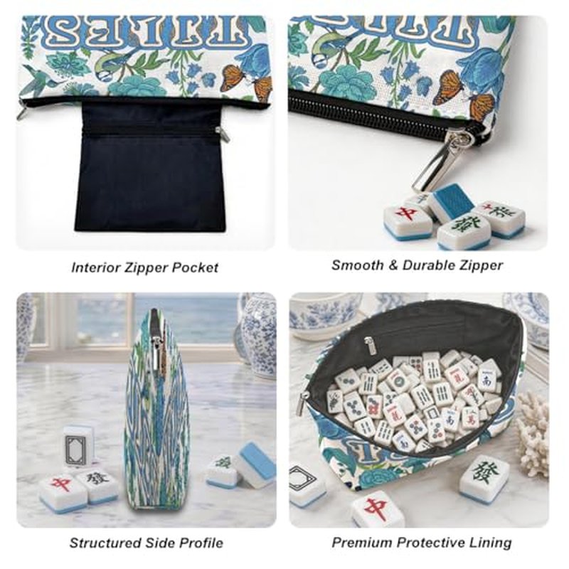 Blue Leaves Mahjong Tile Bag - Durable Canvas with Zipper