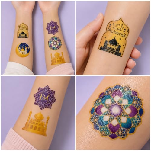 Eid Al-Fitr Temporary Tattoos - 8 Sheets Ramadan Stickers for Kids