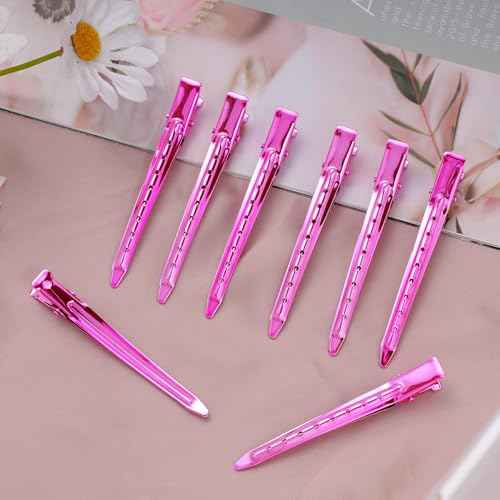 24 Packs Duck Bill Clips, Bantoye 3.35 Inches Rustproof Metal Alligator Curl Clips with Holes for Hair Styling, Hair Coloring, Bright Pink